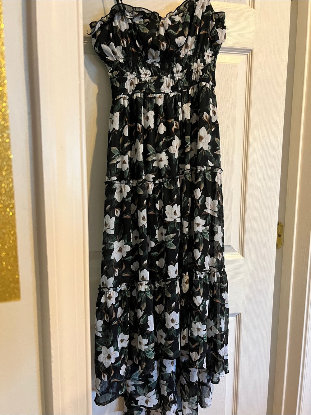 Francesca's Black Floral Spaghetti straps Midi with White Blooms